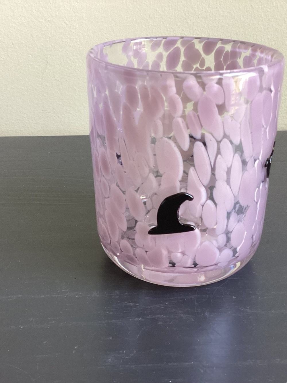 NEW Heavy Duly Juice Glass Pink Speckles Adorned with Black Hats n Cats